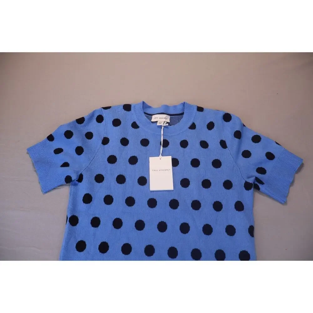 NEW Free Assembly Blue Polka Dots Shrunken Short Sleeve Knit Sweater Tee Size S
